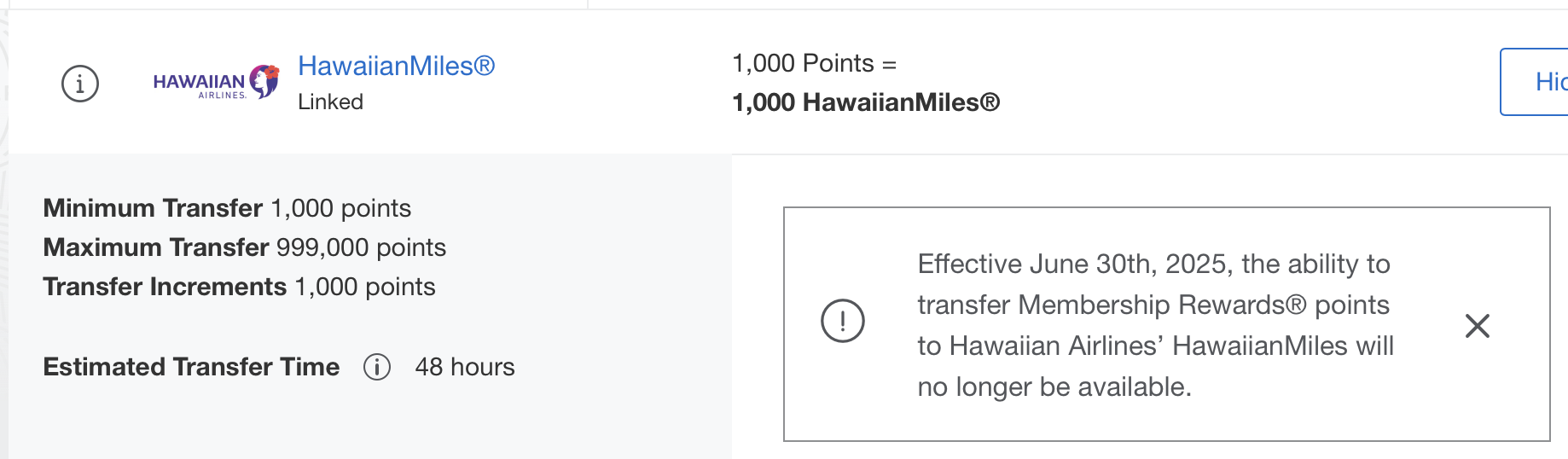 Hawaiian amex transfers end in June